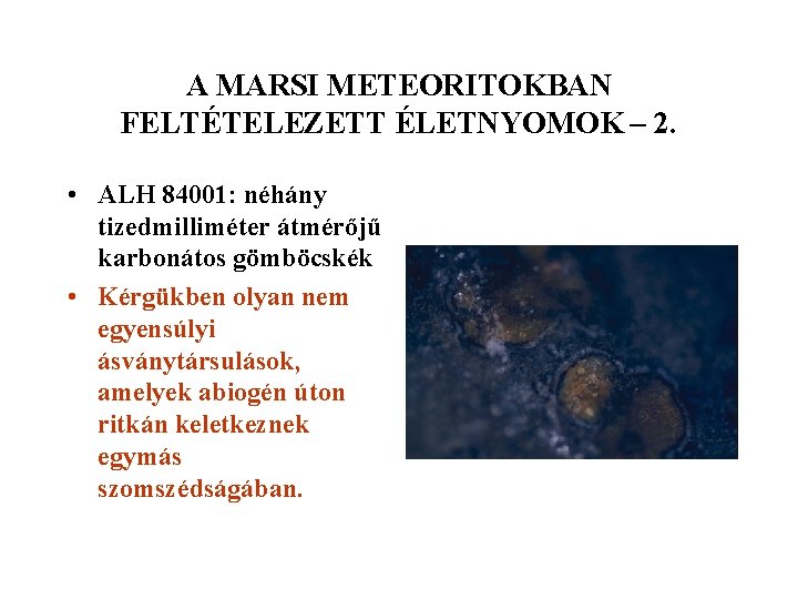 A MARSI METEORITOKBAN FELTÉTELEZETT ÉLETNYOMOK – 2. • ALH 84001: néhány tizedmilliméter átmérőjű karbonátos