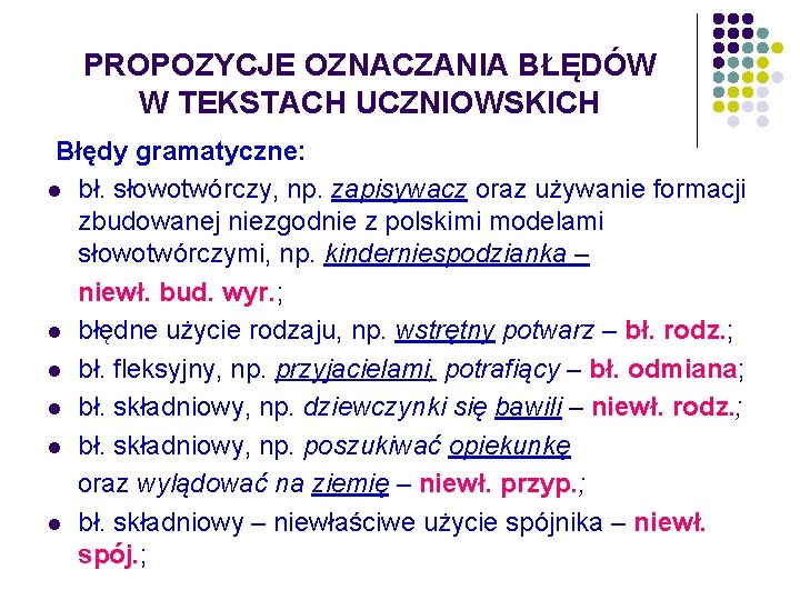 PROPOZYCJE OZNACZANIA BŁĘDÓW W TEKSTACH UCZNIOWSKICH Błędy gramatyczne: l bł. słowotwórczy, np. zapisywacz oraz