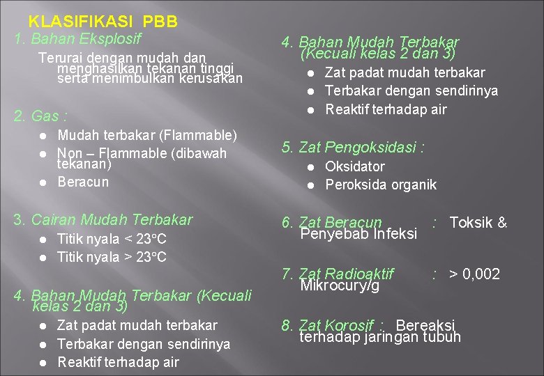 KLASIFIKASI PBB 1. Bahan Eksplosif Terurai dengan mudah dan menghasilkan tekanan tinggi serta menimbulkan