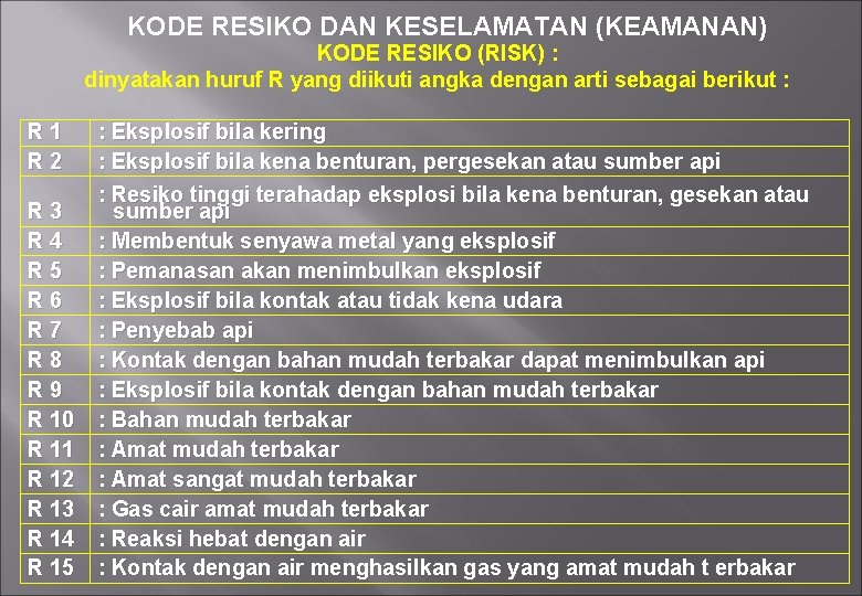 KODE RESIKO DAN KESELAMATAN (KEAMANAN) KODE RESIKO (RISK) : dinyatakan huruf R yang diikuti