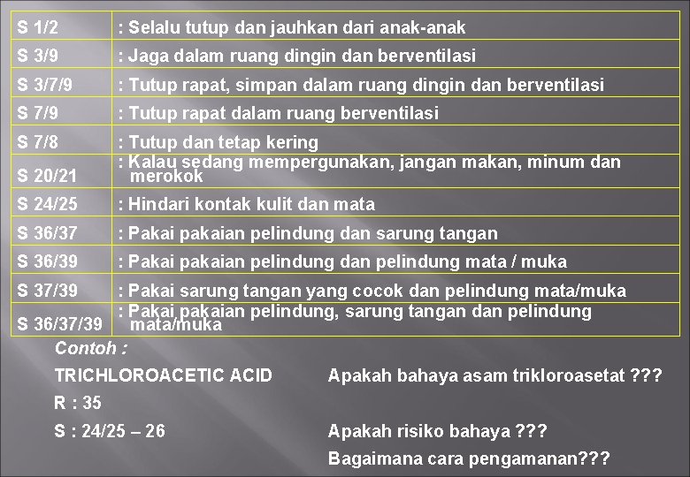 S 1/2 : Selalu tutup dan jauhkan dari anak-anak S 3/9 : Jaga dalam