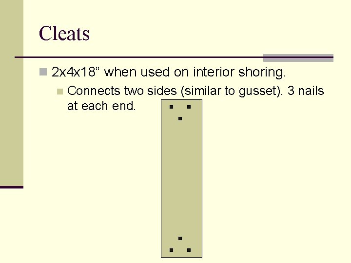 Cleats n 2 x 4 x 18” when used on interior shoring. n Connects