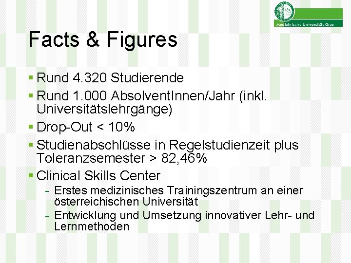 Facts & Figures § Rund 4. 320 Studierende § Rund 1. 000 Absolvent. Innen/Jahr