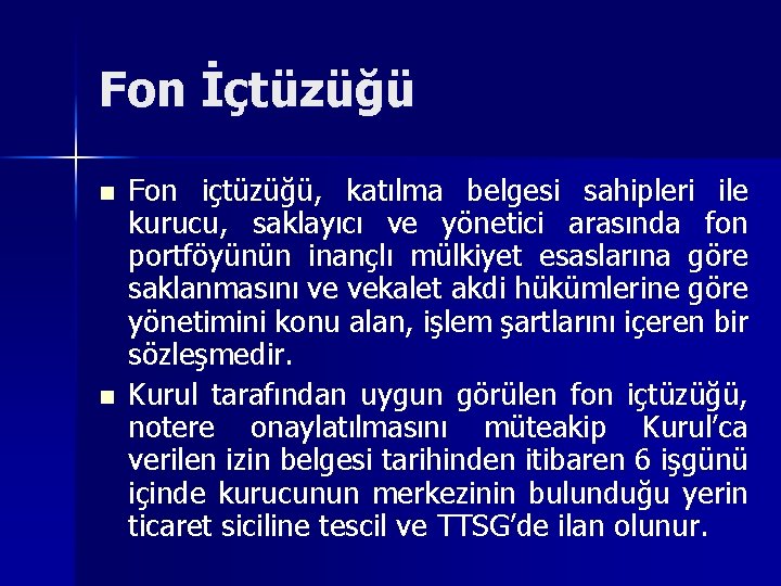 Fon İçtüzüğü n n Fon içtüzüğü, katılma belgesi sahipleri ile kurucu, saklayıcı ve yönetici