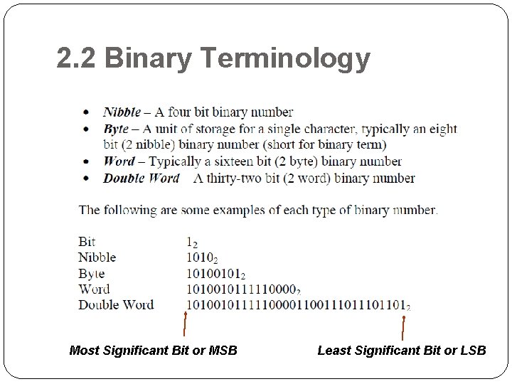2. 2 Binary Terminology Most Significant Bit or MSB Least Significant Bit or LSB