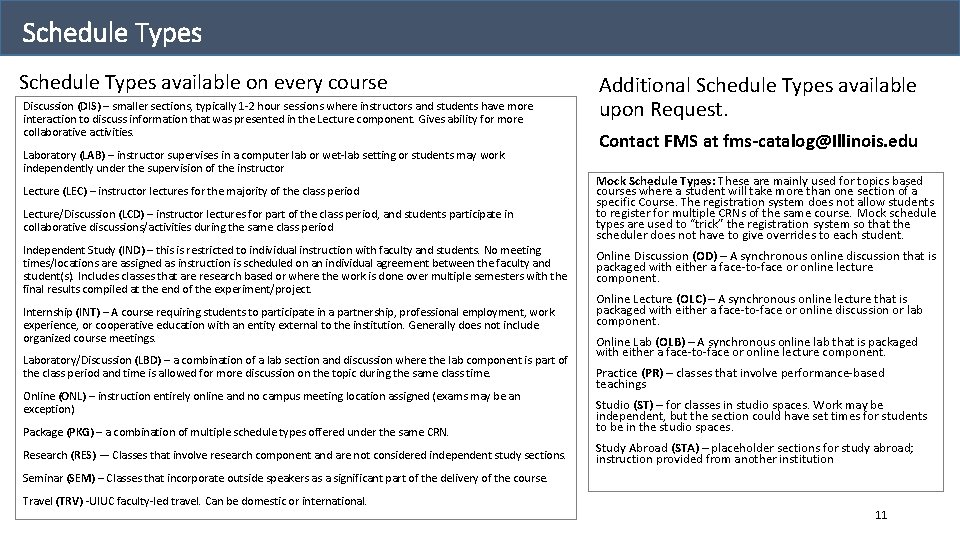 Schedule Types available on every course Discussion (DIS) – smaller sections, typically 1 -2