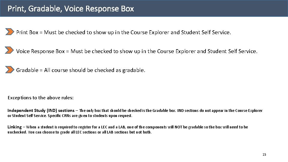 Print, Gradable, Voice Response Box Print Box = Must be checked to show up