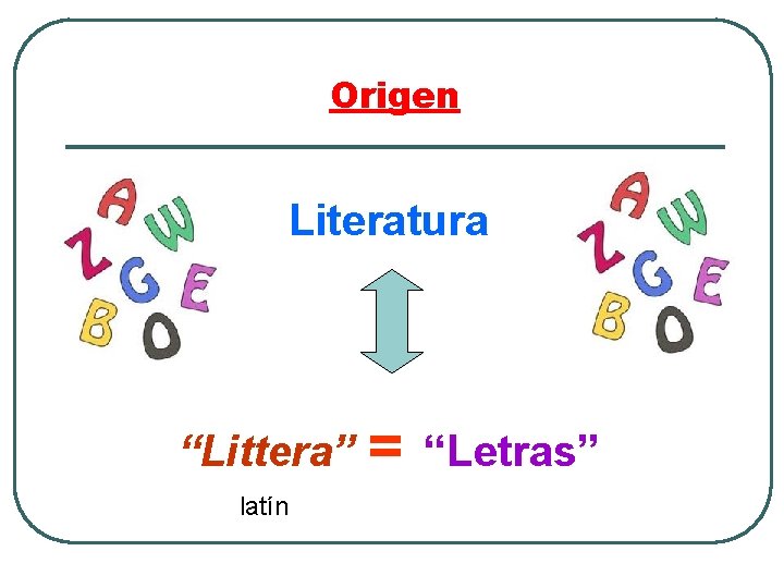 Origen Literatura “Littera” = “Letras” latín 