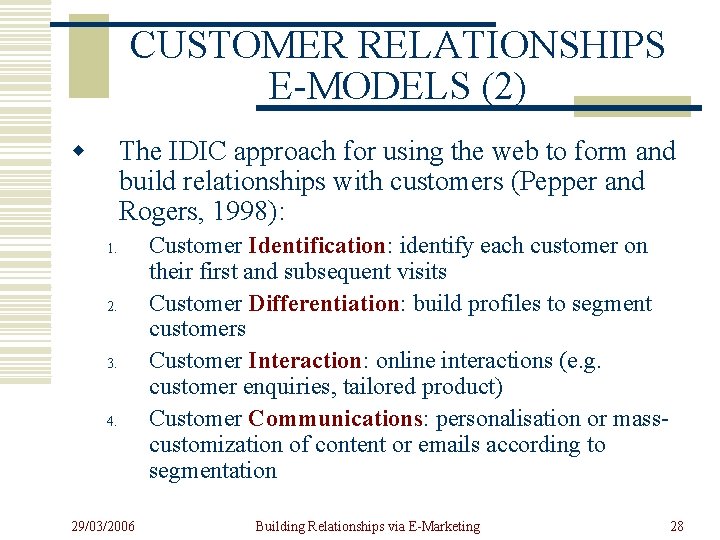 CUSTOMER RELATIONSHIPS E-MODELS (2) w The IDIC approach for using the web to form