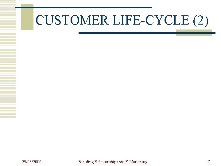 CUSTOMER LIFE-CYCLE (2) 29/03/2006 Building Relationships via E-Marketing 7 