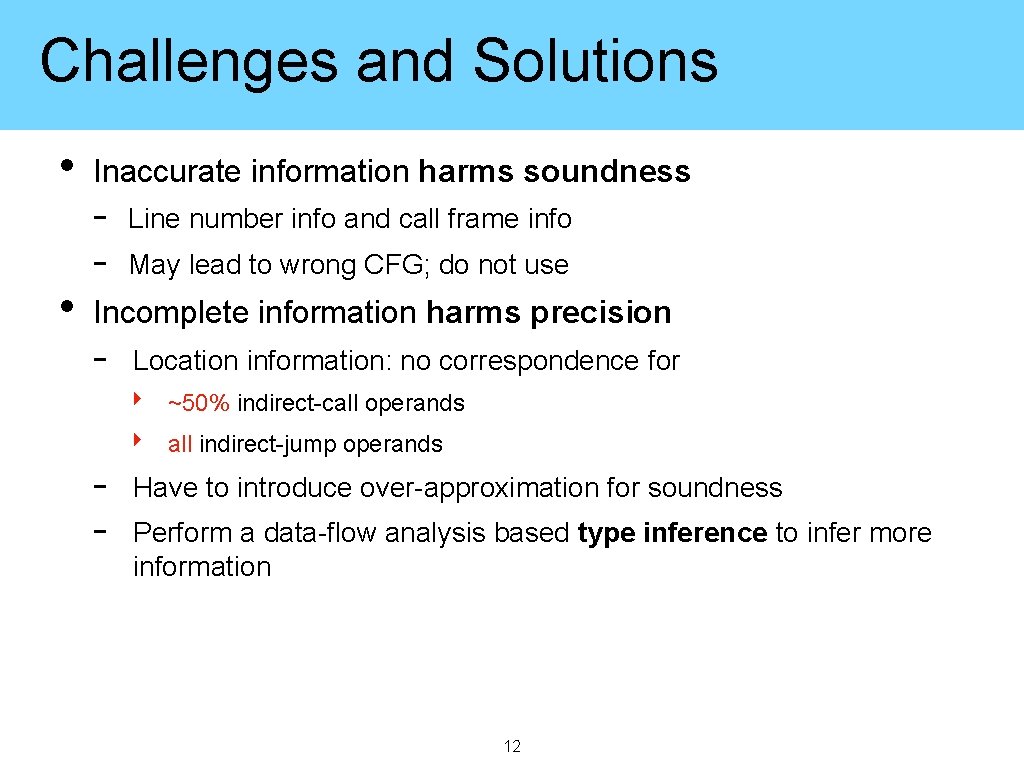 Challenges and Solutions • • Inaccurate information harms soundness - Line number info and