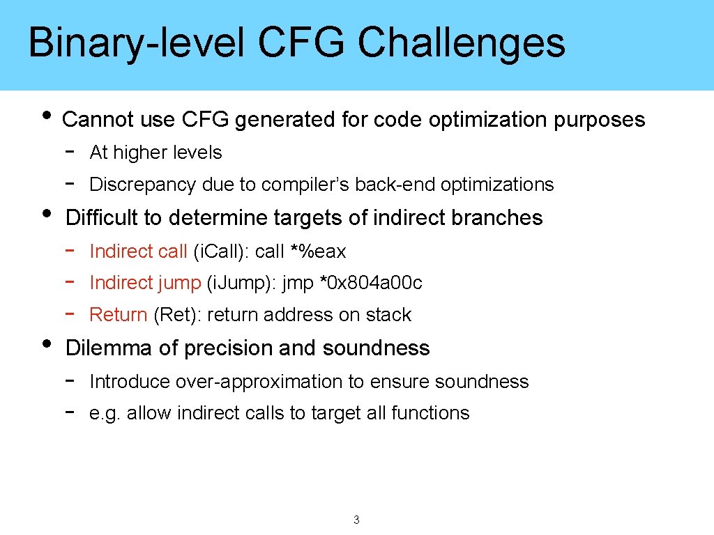 Binary-level CFG Challenges • • • Cannot use CFG generated for code optimization purposes