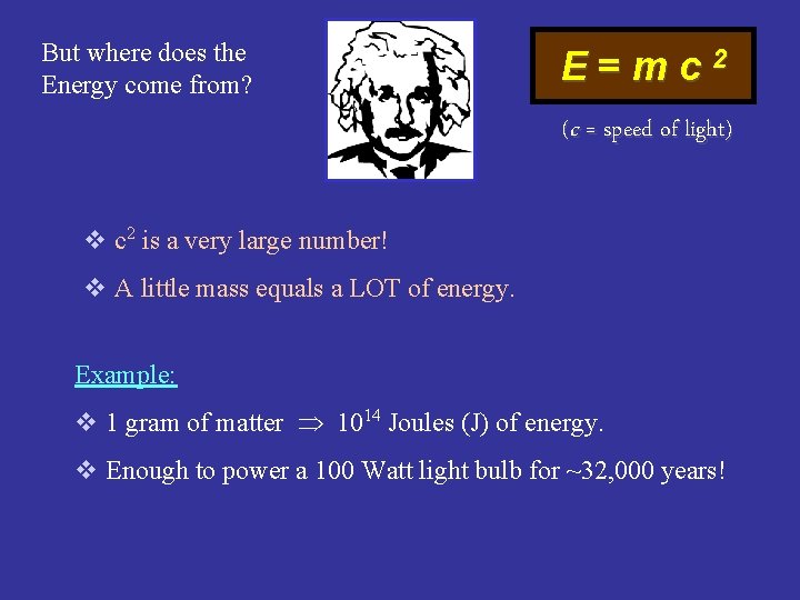 But where does the Energy come from? E=mc 2 (c = speed of light)