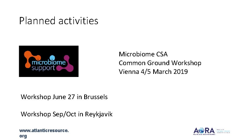 Planned activities Microbiome CSA Common Ground Workshop Vienna 4/5 March 2019 Workshop June 27