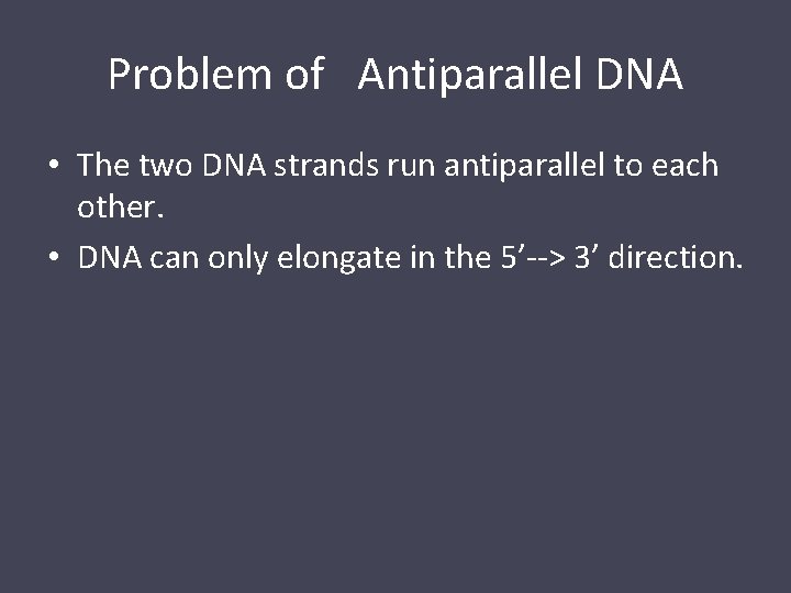 Problem of Antiparallel DNA • The two DNA strands run antiparallel to each other.
