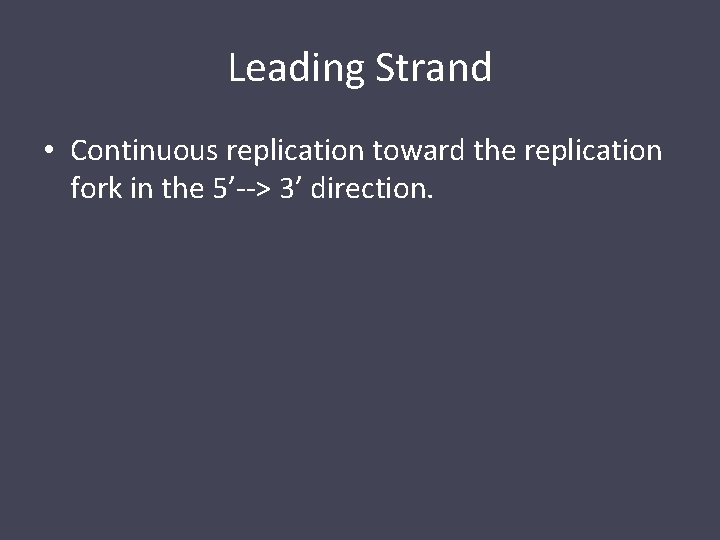 Leading Strand • Continuous replication toward the replication fork in the 5’--> 3’ direction.