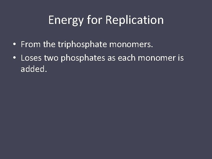 Energy for Replication • From the triphosphate monomers. • Loses two phosphates as each