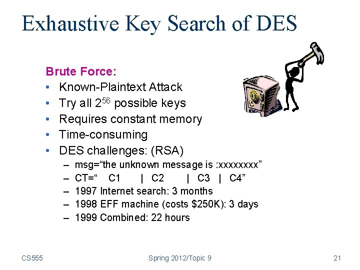 Exhaustive Key Search of DES Brute Force: • Known-Plaintext Attack • Try all 256