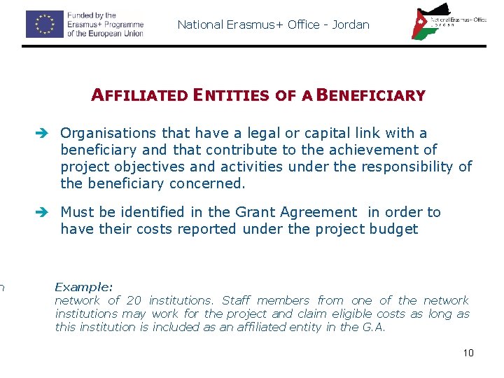 National Erasmus+ Office - Jordan OF A BENEFICIARY AFFILIATED ENTITIES Organisations that have a