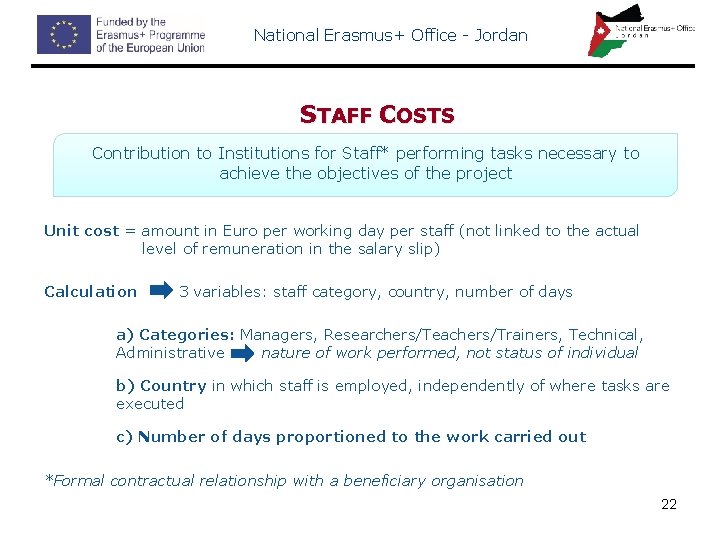 National Erasmus+ Office - Jordan STAFF COSTS Contribution to Institutions for Staff* performing tasks