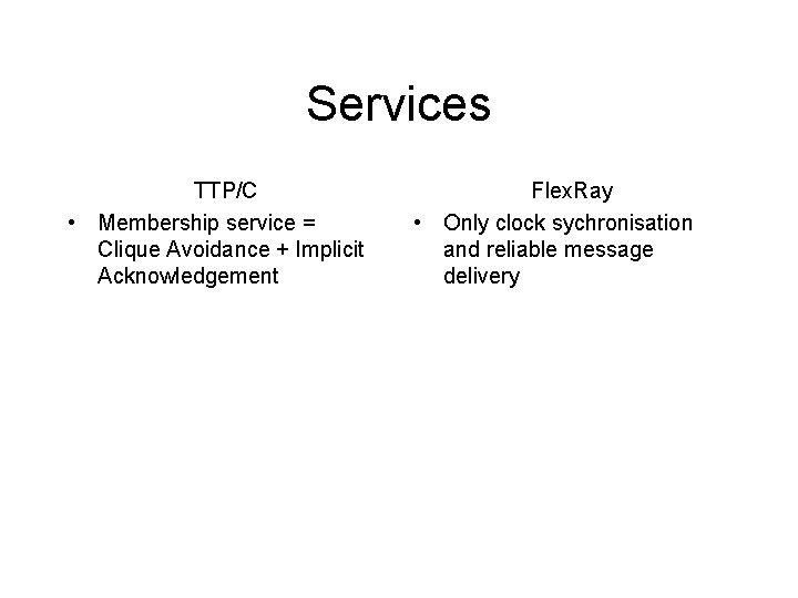 Services TTP/C • Membership service = Clique Avoidance + Implicit Acknowledgement Flex. Ray •