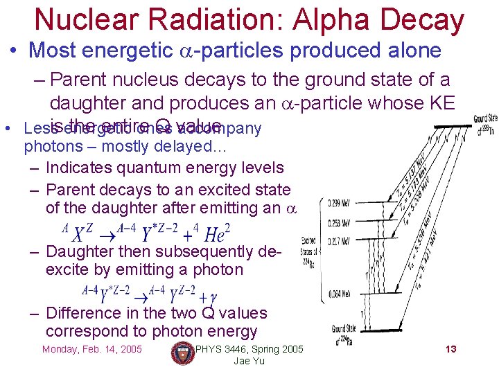 Nuclear Radiation: Alpha Decay • Most energetic a-particles produced alone – Parent nucleus decays