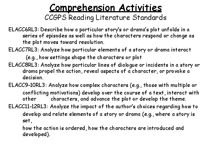 Comprehension Activities CCGPS Reading Literature Standards ELACC 6 RL 3: Describe how a particular