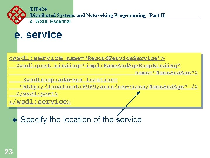 EIE 424 Distributed Systems and Networking Programming –Part II 4. WSDL Essential e. service EIE 424 Distributed Systems and Networking Programming –Part II 4. WSDL Essential e. service