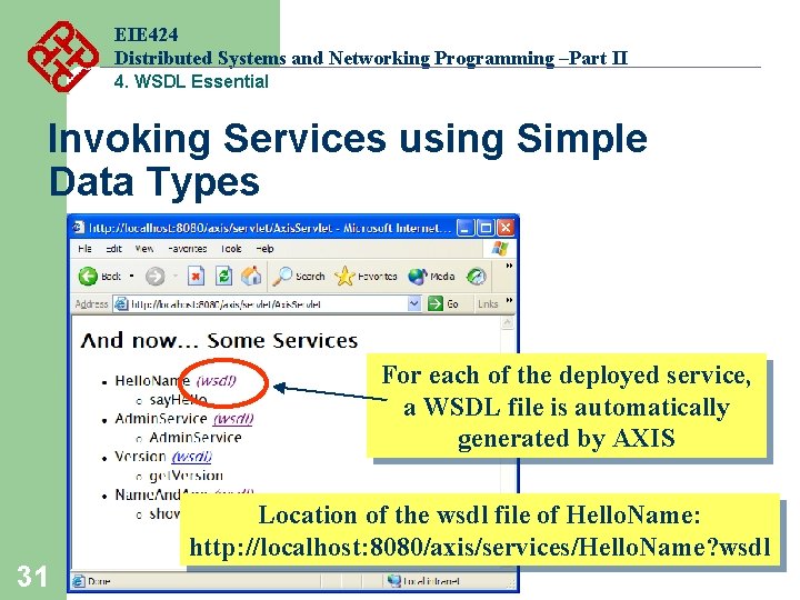 EIE 424 Distributed Systems and Networking Programming –Part II 4. WSDL Essential Invoking Services EIE 424 Distributed Systems and Networking Programming –Part II 4. WSDL Essential Invoking Services