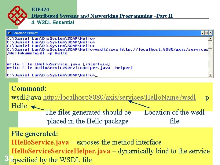 EIE 424 Distributed Systems and Networking Programming –Part II 4. WSDL Essential Command: wsdl EIE 424 Distributed Systems and Networking Programming –Part II 4. WSDL Essential Command: wsdl
