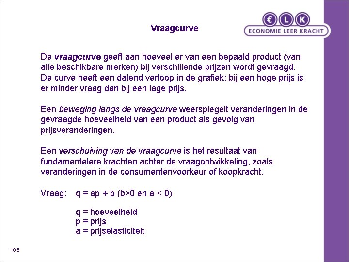 Vraagcurve De vraagcurve geeft aan hoeveel er van een bepaald product (van alle beschikbare