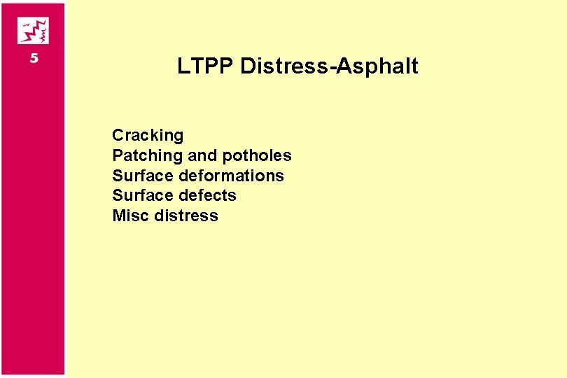 LTPP Distress-Asphalt Cracking Patching and potholes Surface deformations Surface defects Misc distress 