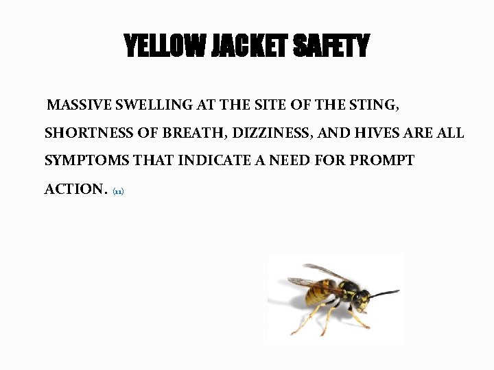 YELLOW JACKET SAFETY MASSIVE SWELLING AT THE SITE OF THE STING, SHORTNESS OF BREATH,