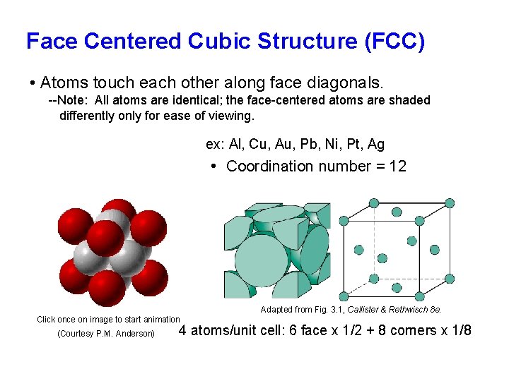 Face Centered Cubic Structure (FCC) • Atoms touch each other along face diagonals. --Note: