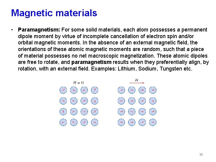 Magnetic materials • Paramagnetism: For some solid materials, each atom possesses a permanent dipole