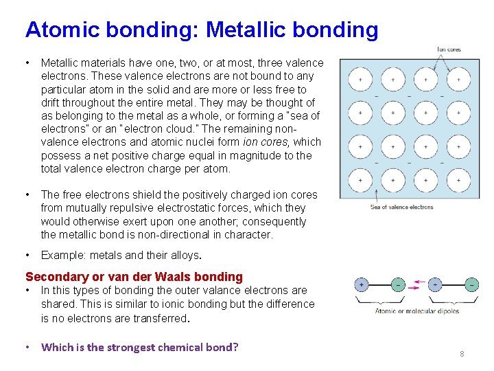 Atomic bonding: Metallic bonding • Metallic materials have one, two, or at most, three