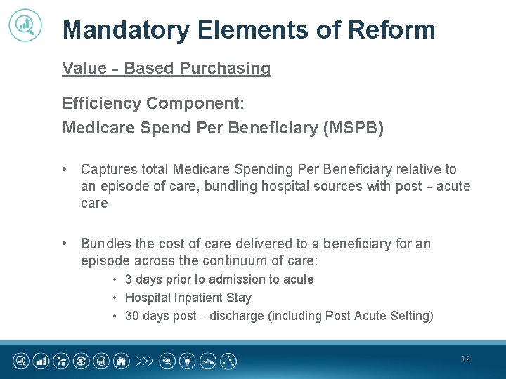 Mandatory Elements of Reform Value‐Based Purchasing Efficiency Component: Medicare Spend Per Beneficiary (MSPB) •