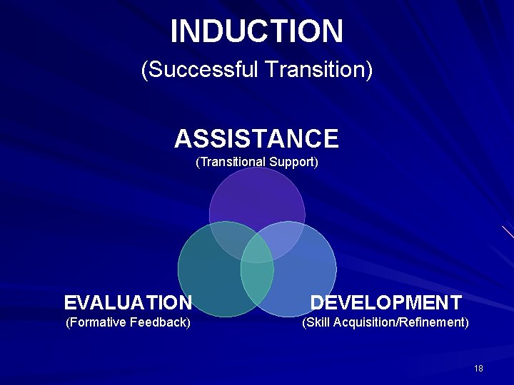 INDUCTION (Successful Transition) ASSISTANCE (Transitional Support) EVALUATION DEVELOPMENT (Formative Feedback) (Skill Acquisition/Refinement) 18 