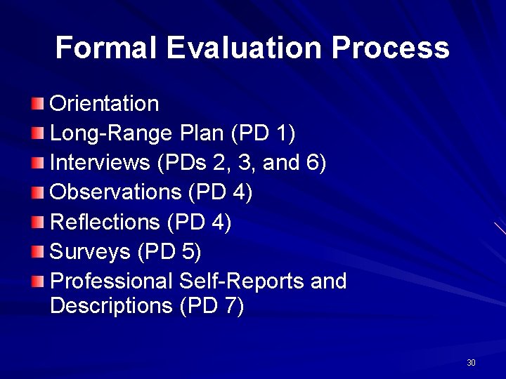 Formal Evaluation Process Orientation Long-Range Plan (PD 1) Interviews (PDs 2, 3, and 6)