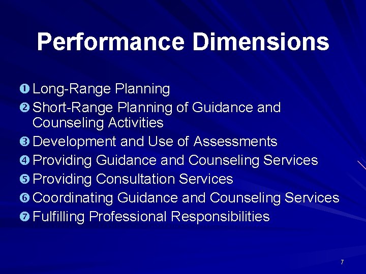 Performance Dimensions Long-Range Planning Short-Range Planning of Guidance and Counseling Activities Development and Use