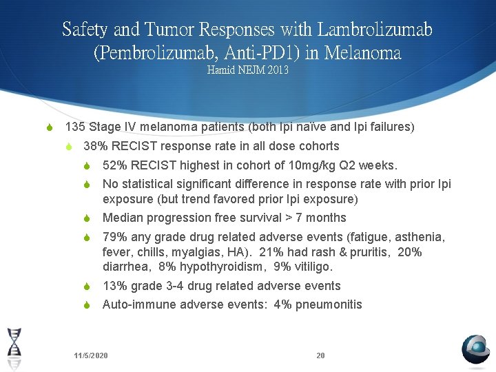 Safety and Tumor Responses with Lambrolizumab (Pembrolizumab, Anti-PD 1) in Melanoma Hamid NEJM 2013