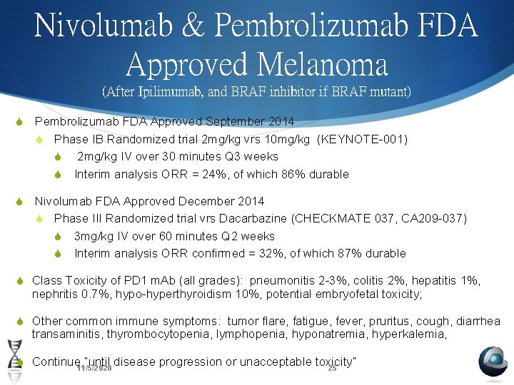 Nivolumab & Pembrolizumab FDA Approved Melanoma (After Ipilimumab, and BRAF inhibitor if BRAF mutant)
