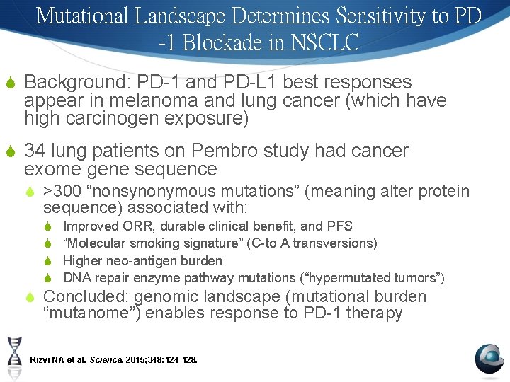 Mutational Landscape Determines Sensitivity to PD -1 Blockade in NSCLC S Background: PD-1 and