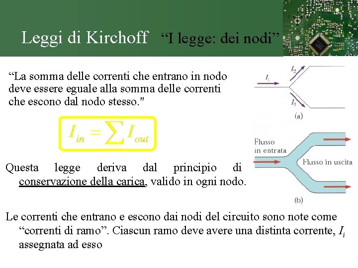 Leggi di Kirchoff “I legge: dei nodi” “La somma delle correnti che entrano in