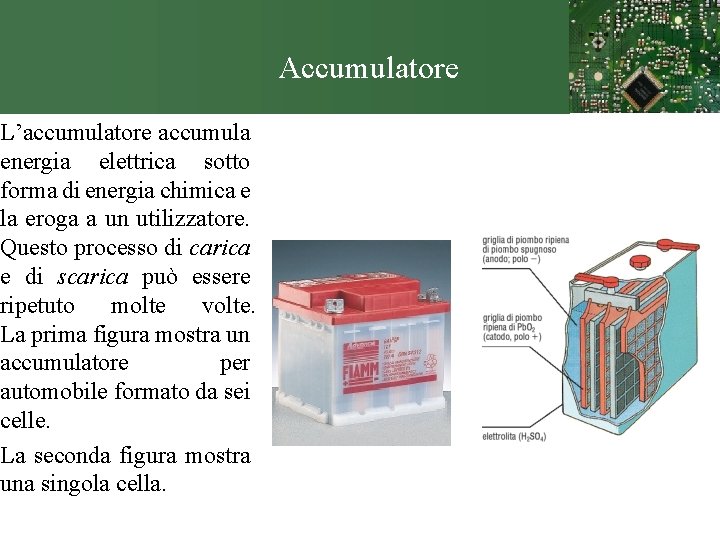 L’accumulatore accumula energia elettrica sotto forma di energia chimica e la eroga a un
