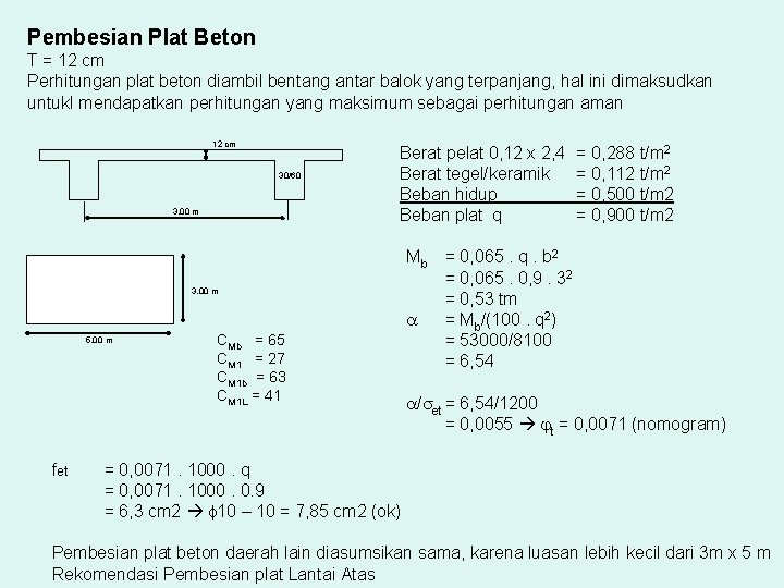 Pembesian Plat Beton T = 12 cm Perhitungan plat beton diambil bentang antar balok
