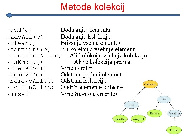 Metode kolekcij • add(o) Dodajanje elementa • add. All(c) Dodajanje kolekcije • clear() Brisanje