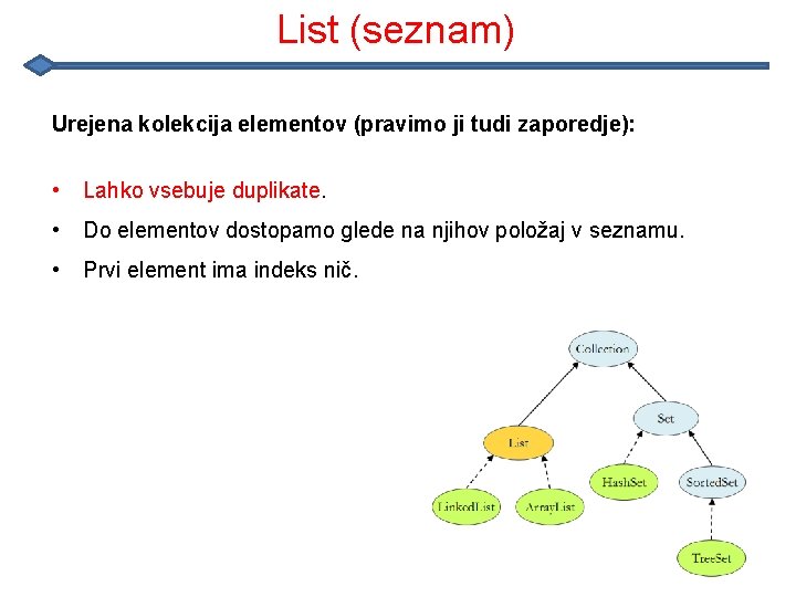 List (seznam) Urejena kolekcija elementov (pravimo ji tudi zaporedje): • Lahko vsebuje duplikate. •