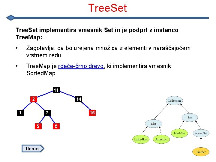 Tree. Set implementira vmesnik Set in je podprt z instanco Tree. Map: • Zagotavlja,