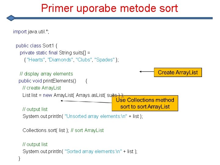 Primer uporabe metode sort import java. util. *; public class Sort 1 { private